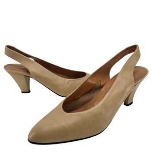 Vintage Maria Luisa Slingback Pumps 37 Tan Leather Pointed Toe Cone Heel Spain